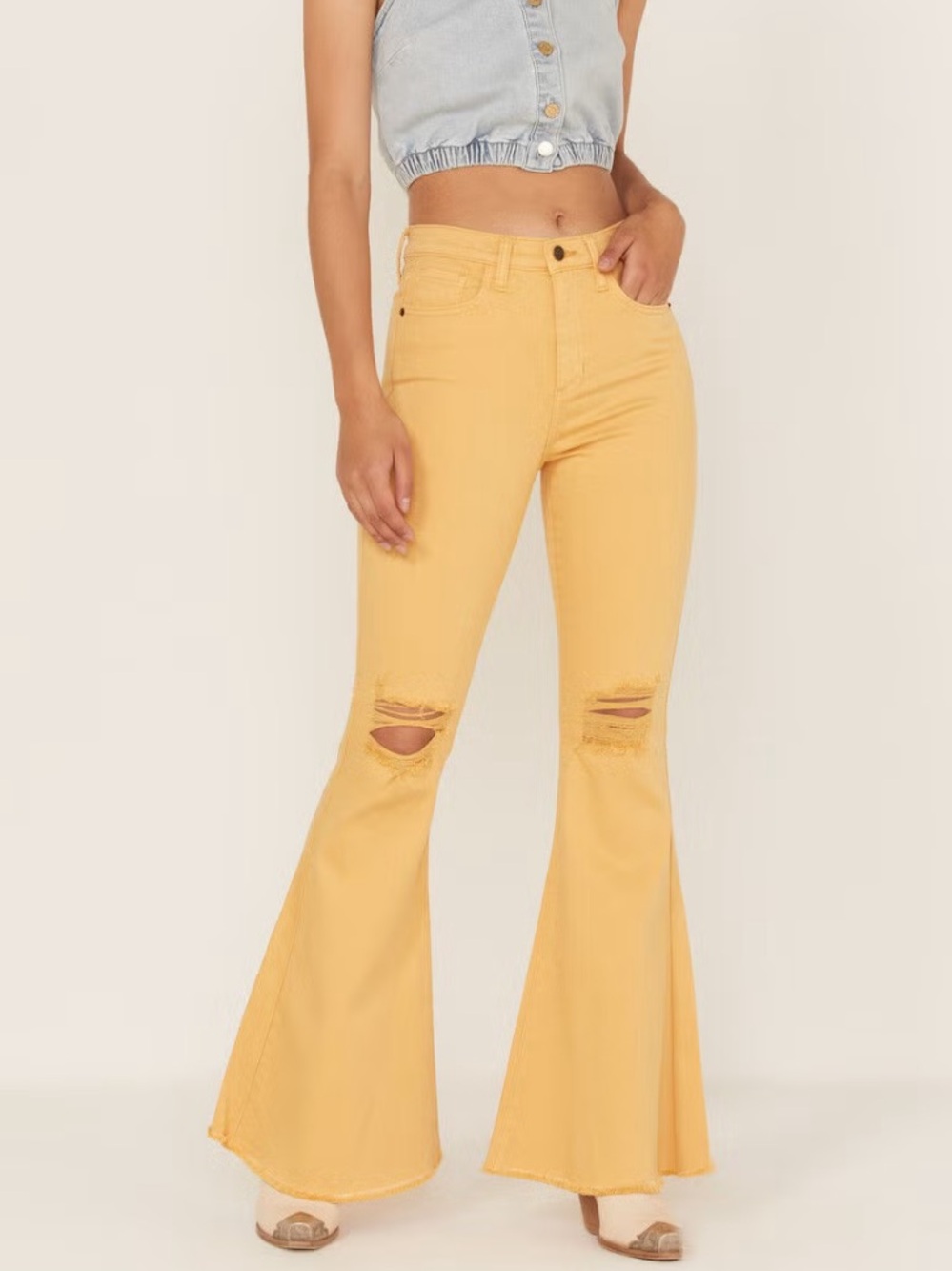 Sneak Peek Yellow/Mustard Bell Bottom Jeans with Distressed Knees